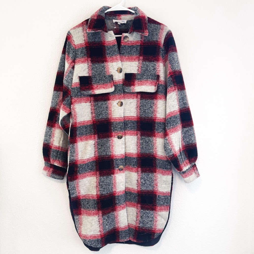 Lucca Couture Wool Blend Longline Plaid Shacket in Red and Black XS